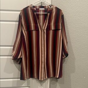 Calvin Klein Burgundy, Black & Tan Striped Button-Front Women's Blouse